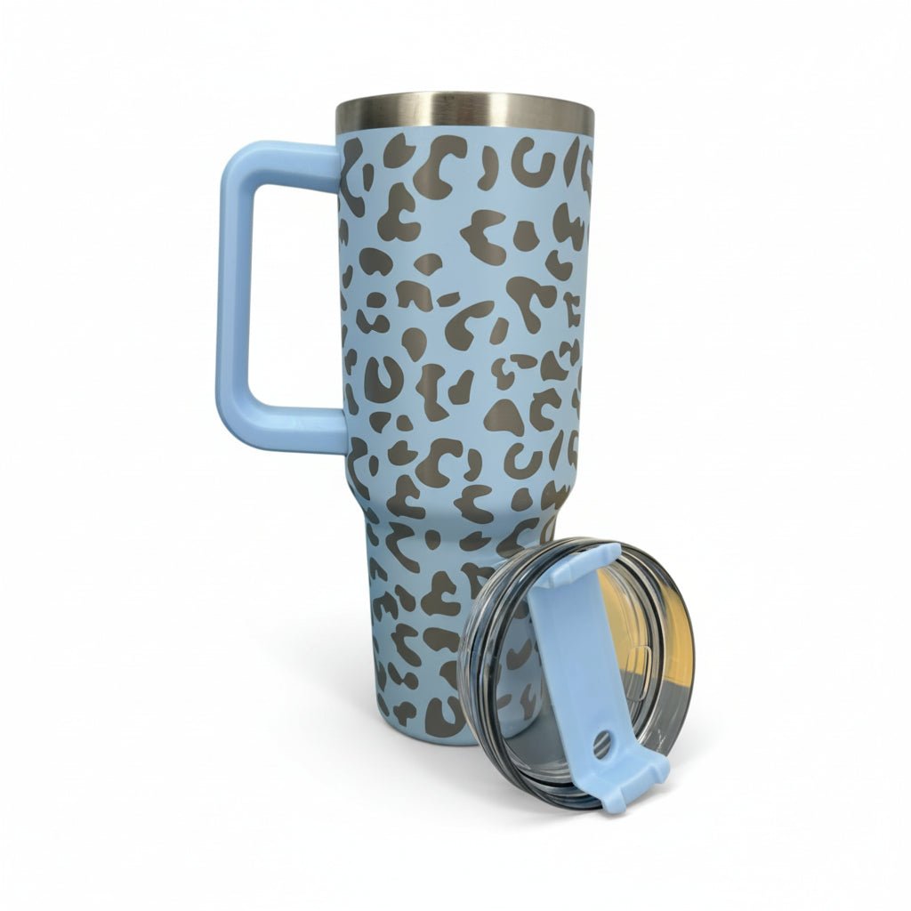 Engraved Leopard Print 40 oz Tumbler with Handle and Straw Lid