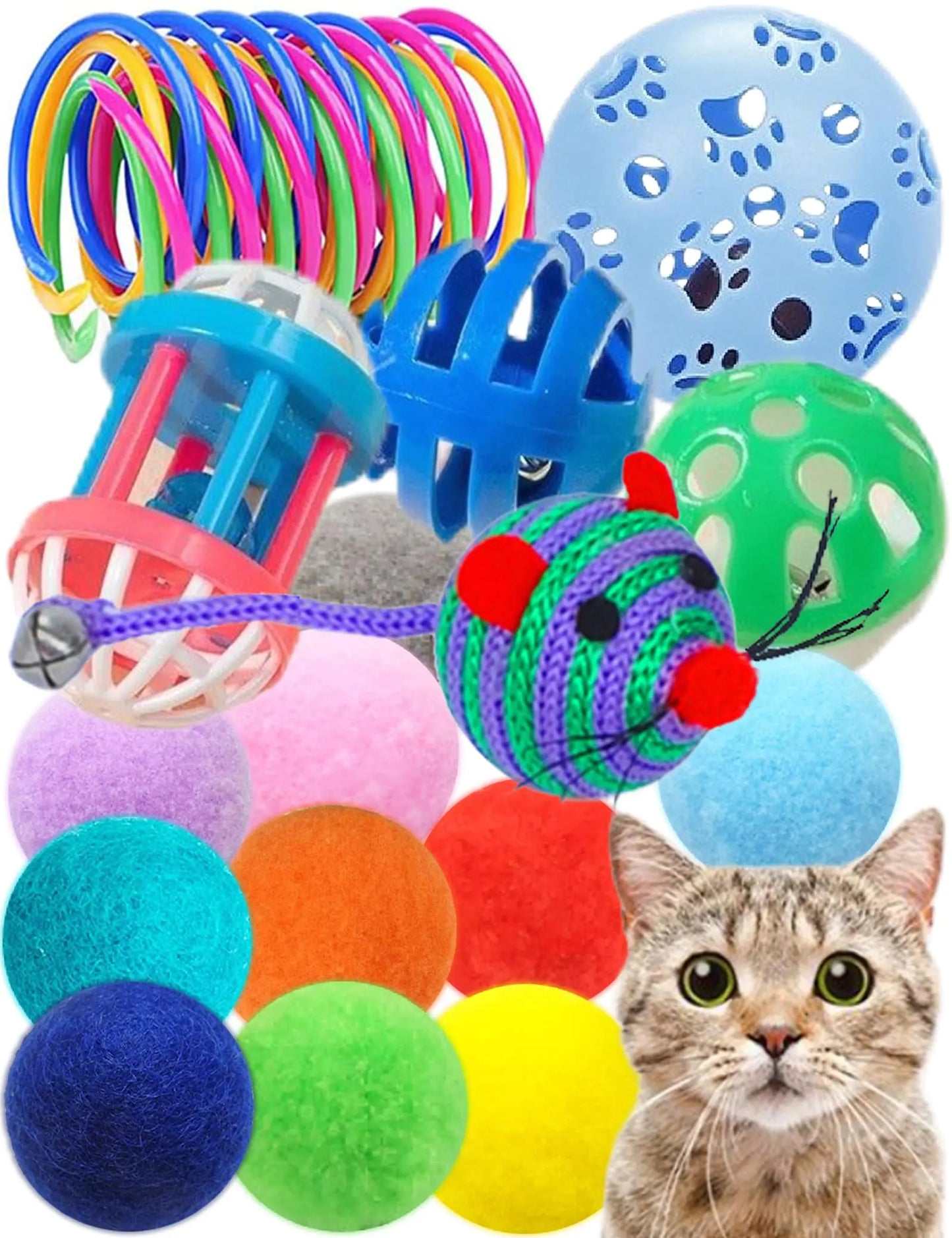 DIYUQISHI 19-Piece Cat Toys Pack - 5 Bell Balls 10 Plush Balls 4 Spring Toys - Kitten Toys for Indoor Cats - US seller