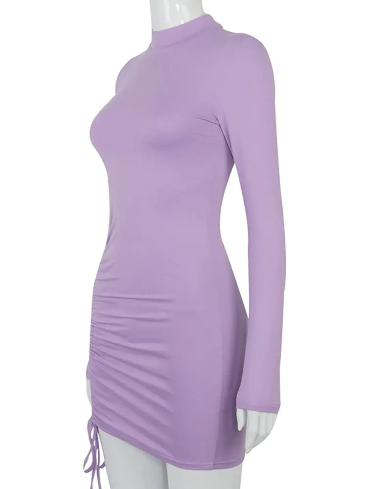 Black Turtleneck Ruched Bodycon Mini Dress for Women - 888