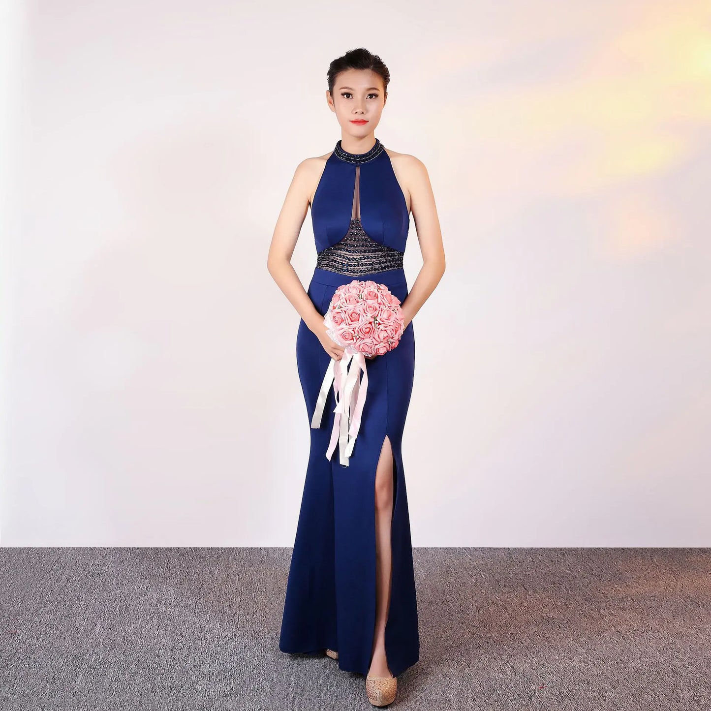 Beaded Long Neck Halter Deep V Evening Gown - 888