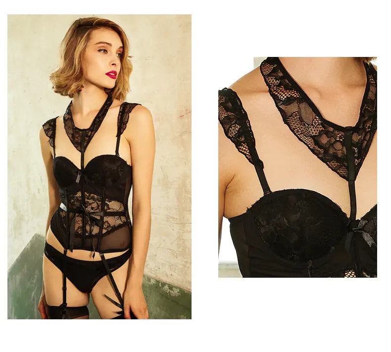 Lace Corset Bodysuit with Bow and Underwire Bra Set - Lingerie
