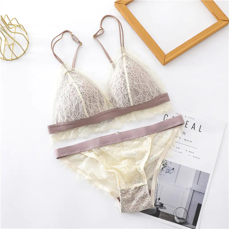 French Ultra-Thin Women's Lace Bra Set with Triangle Cups - Lingerie