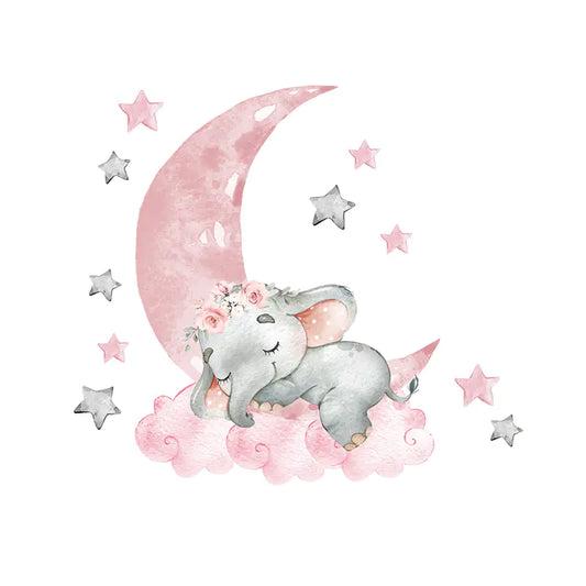 Pink Moon Star Baby Elephant Wall Sticker for Kids Room