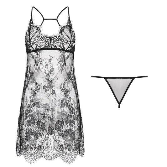 Lace Lingerie Set with Spaghetti Straps and Ruffles