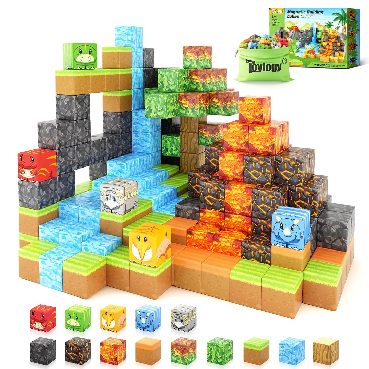 Dinosaur Toys Magnetic Blocks-Build Mine Magnet World Volcano Edition Kids Toys for 3+ Year Old Boys and Girls Building Blocks Toddler Toys Games Through Jurassic Learning Sensory Toys Gifts - US seller