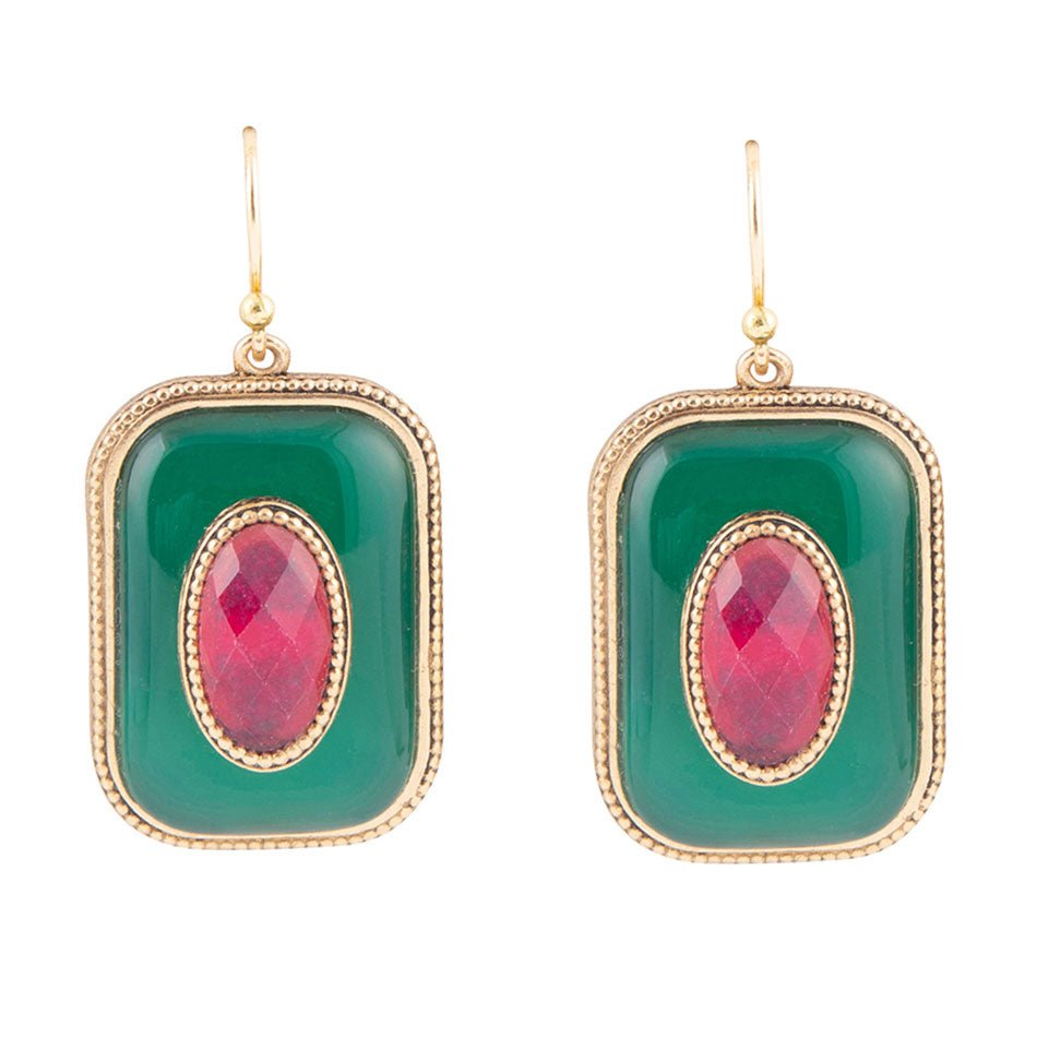 Green Onyx Stacked Red Stone Golden Drop Earrings