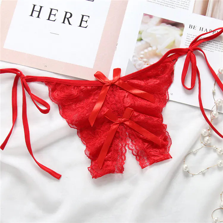 Lace-Trimmed Open-Crotch T-Back Panties for Women - Lingerie