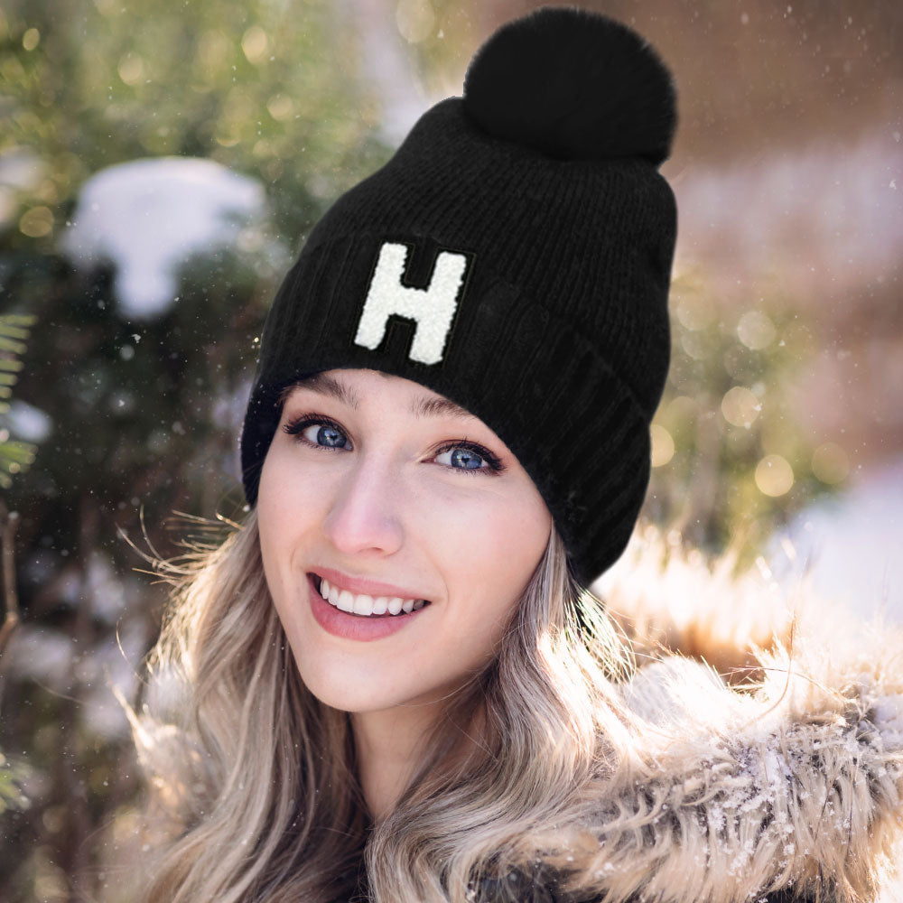 -H- Initial Monogram Faux Fur Pom Pom Knit Beanie Hat