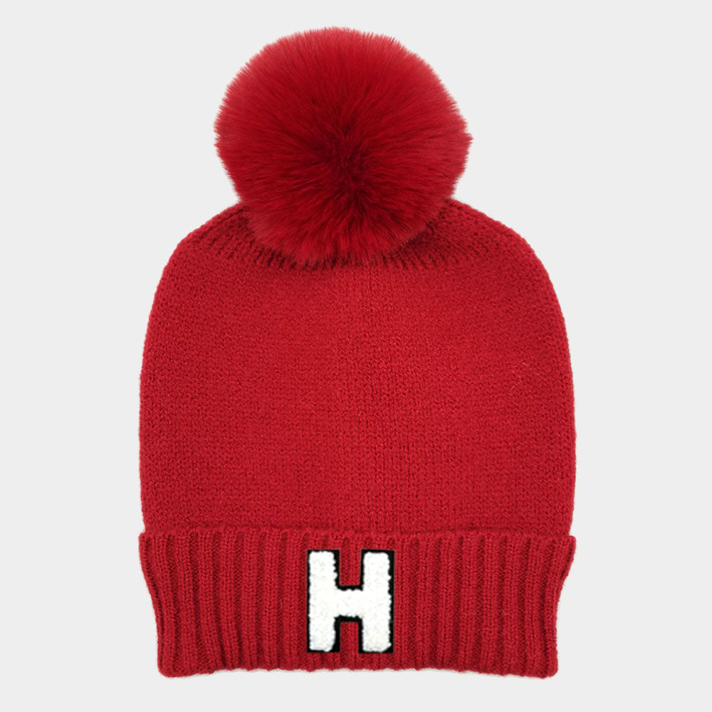 -H- Initial Monogram Faux Fur Pom Pom Knit Beanie Hat