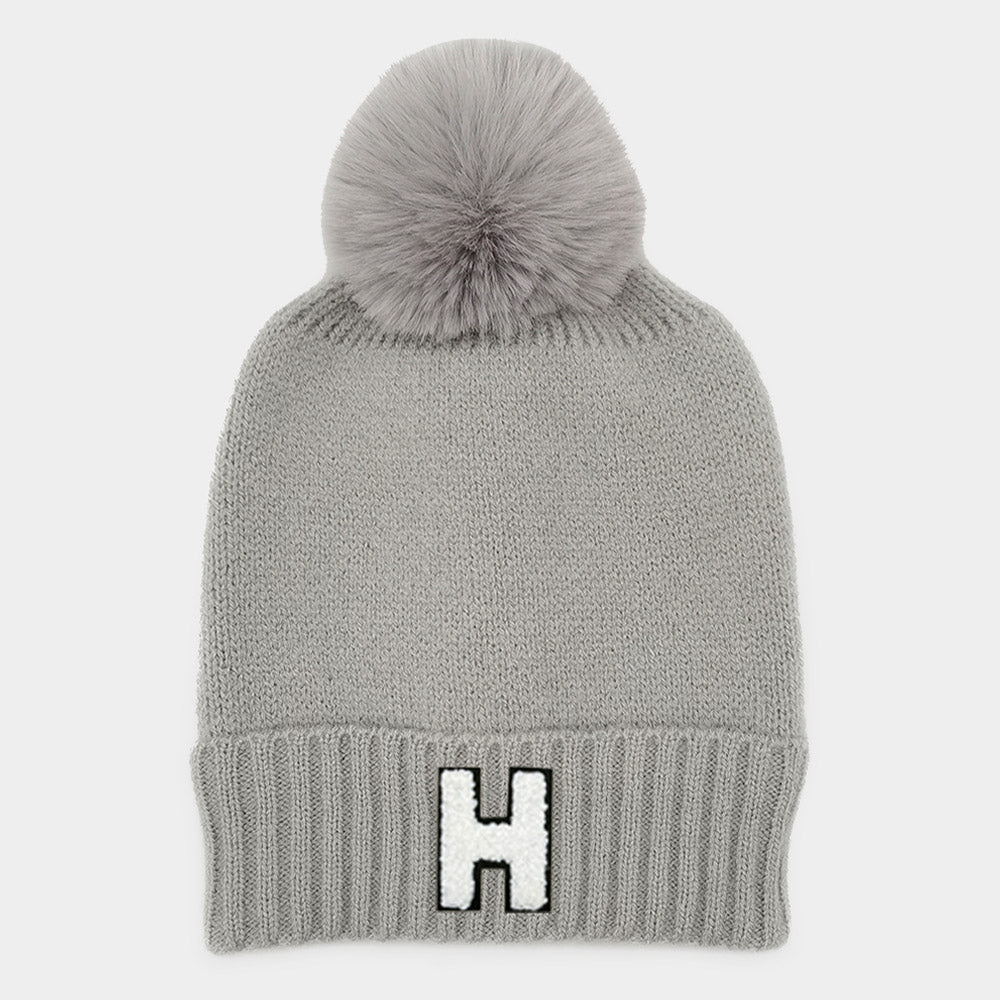 -H- Initial Monogram Faux Fur Pom Pom Knit Beanie Hat