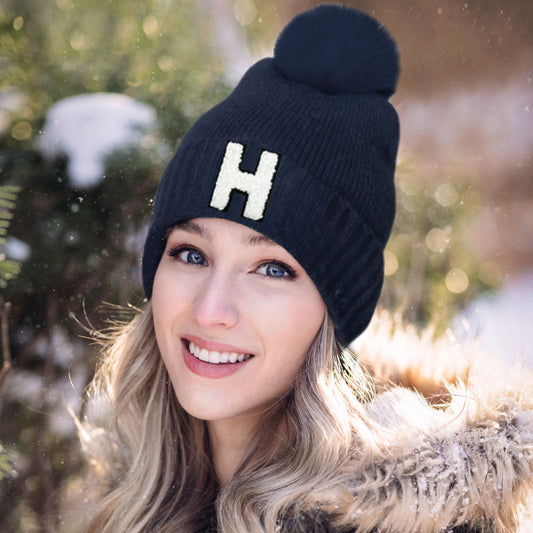 -H- Initial Monogram Faux Fur Pom Pom Knit Beanie Hat