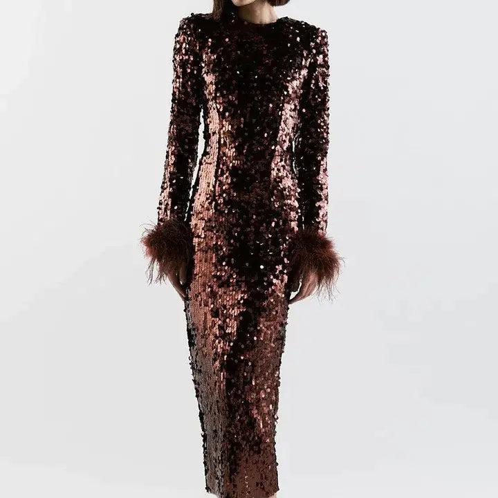 Sequined Feather Long Sleeve Miniskirt Evening Dress - 888