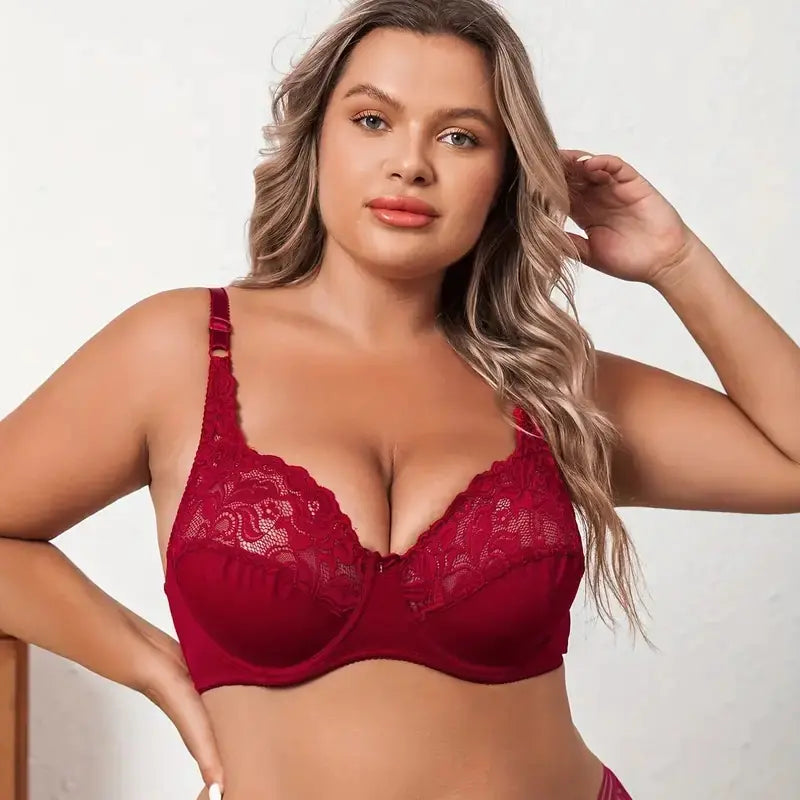 Large Ultra-Thin Lace Bra with Steel Ring and Adjustable Fit - Lingerie