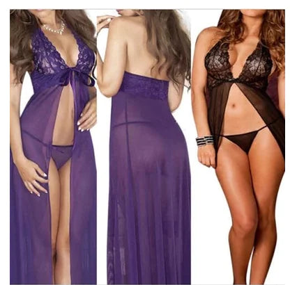 Lace Long Dress and Open-Front Lingerie Set