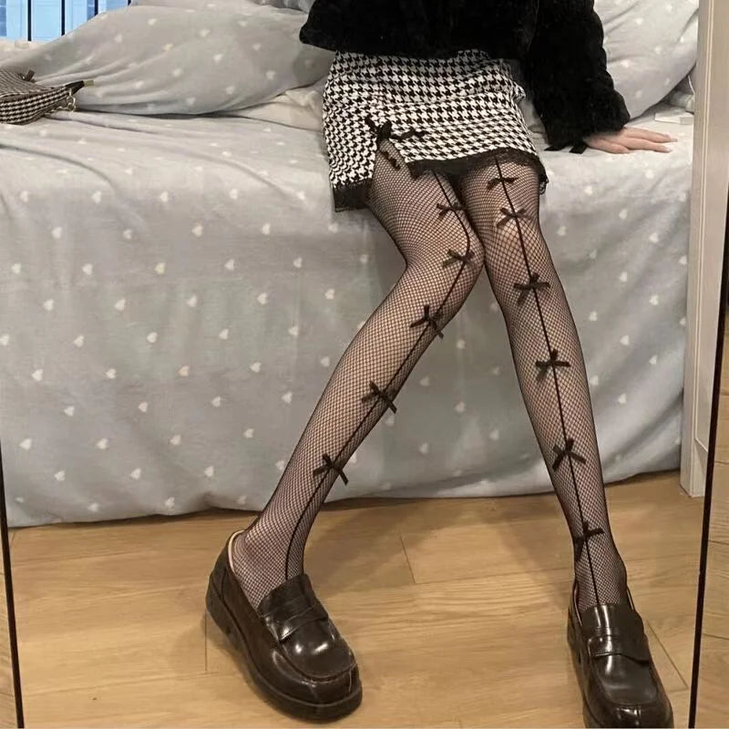 Women's Fashion Red Fishnet Stockings with Bow - Lingerie