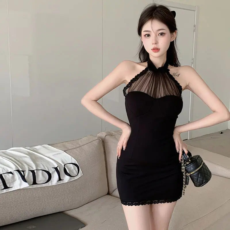Black Lace Halter Sleeveless Dress for Women - 888