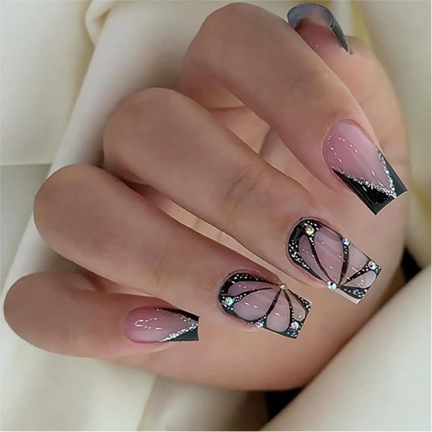 French Tips Press on Nails Medium Pink Butterfly Fake Nails with Rhinestone Design Square Black False Nails Acrylic Nails Glossy Glue on Nails Full Cover Stick on Nails for Women - US seller