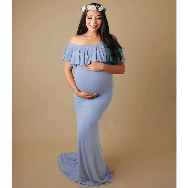 Maternity Long Dress with Ruffle Collar for PhotographyMaternity Maxi Dress for Photography and Baby Showers - 888