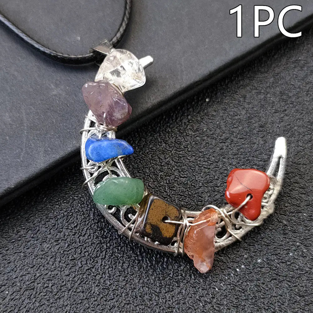 Crystal Stone Seven Chakras Moon Pentagram Necklace