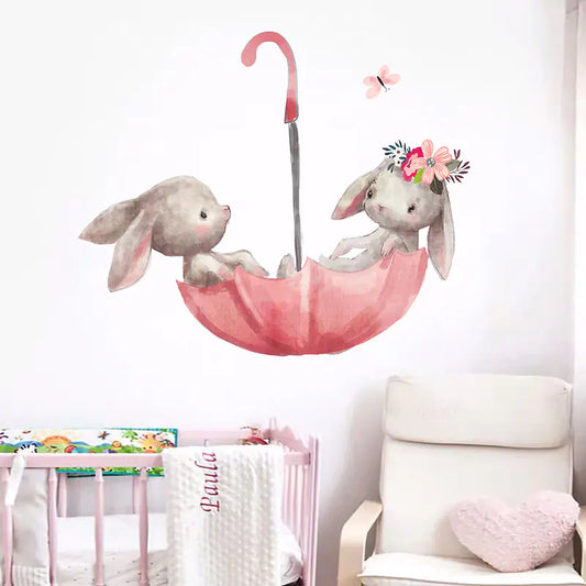 Pink Umbrella Bunnies Wall Stickers for Kids' Room