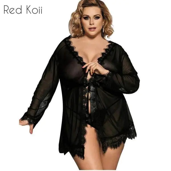 Plus Size Sexy Lace Lingerie with V-Neck Nightgown