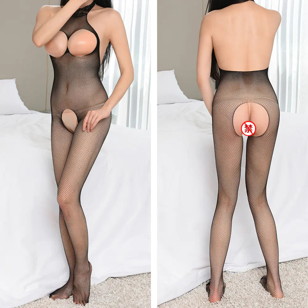Sheer Red Lingerie Set with Open Crotch and Stockings