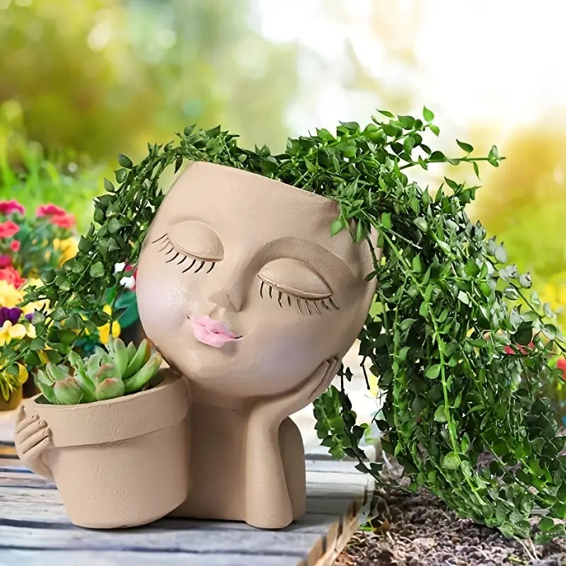 Double Flower Pots with Rustic Girl Figure Planter