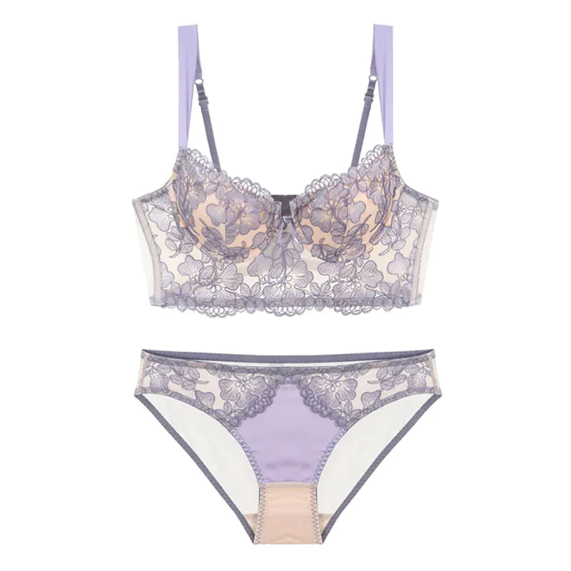 French Lace Long-Line Bra Set with Embroidery (Comfort Fit) - Lingerie