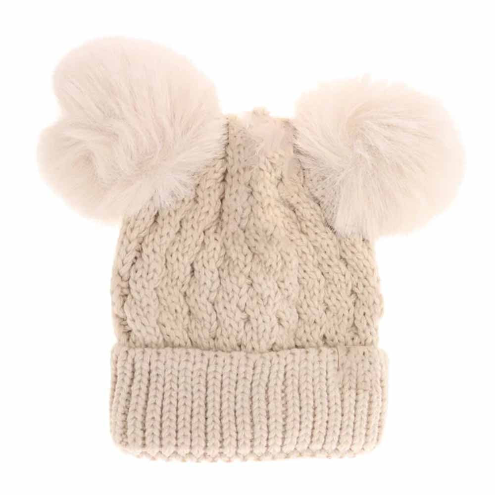 KIDS Cable Knit Double Matching Pom C.C Beanie