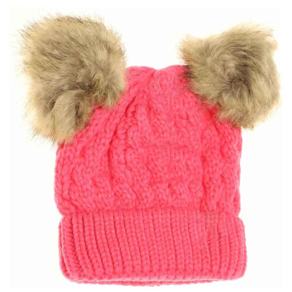 KIDS Cable Knit Double Matching Pom C.C Beanie