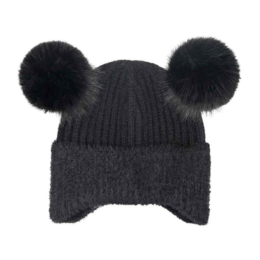 Kids Faux Fur Earflap Double Pom C.C Beanie