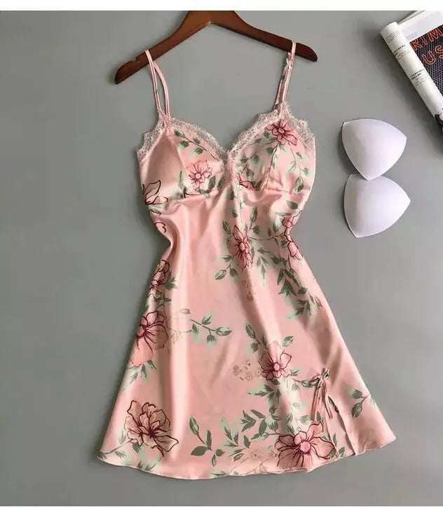 Sexy Women's Floral Ice Silk Sleepwear Nightgown - Lingerie