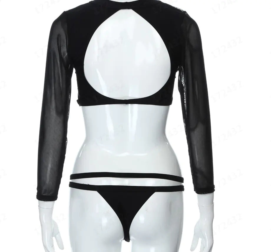 Lace Sexy Lingerie Set with Sheer Long Sleeve Swimsuit
