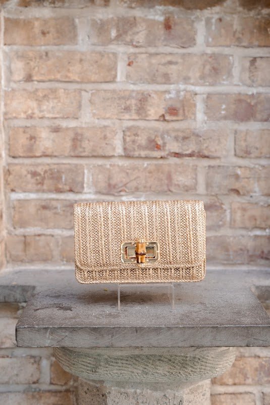 Lilly - Gold Woven Straw Clutch - Bamboo Toggle