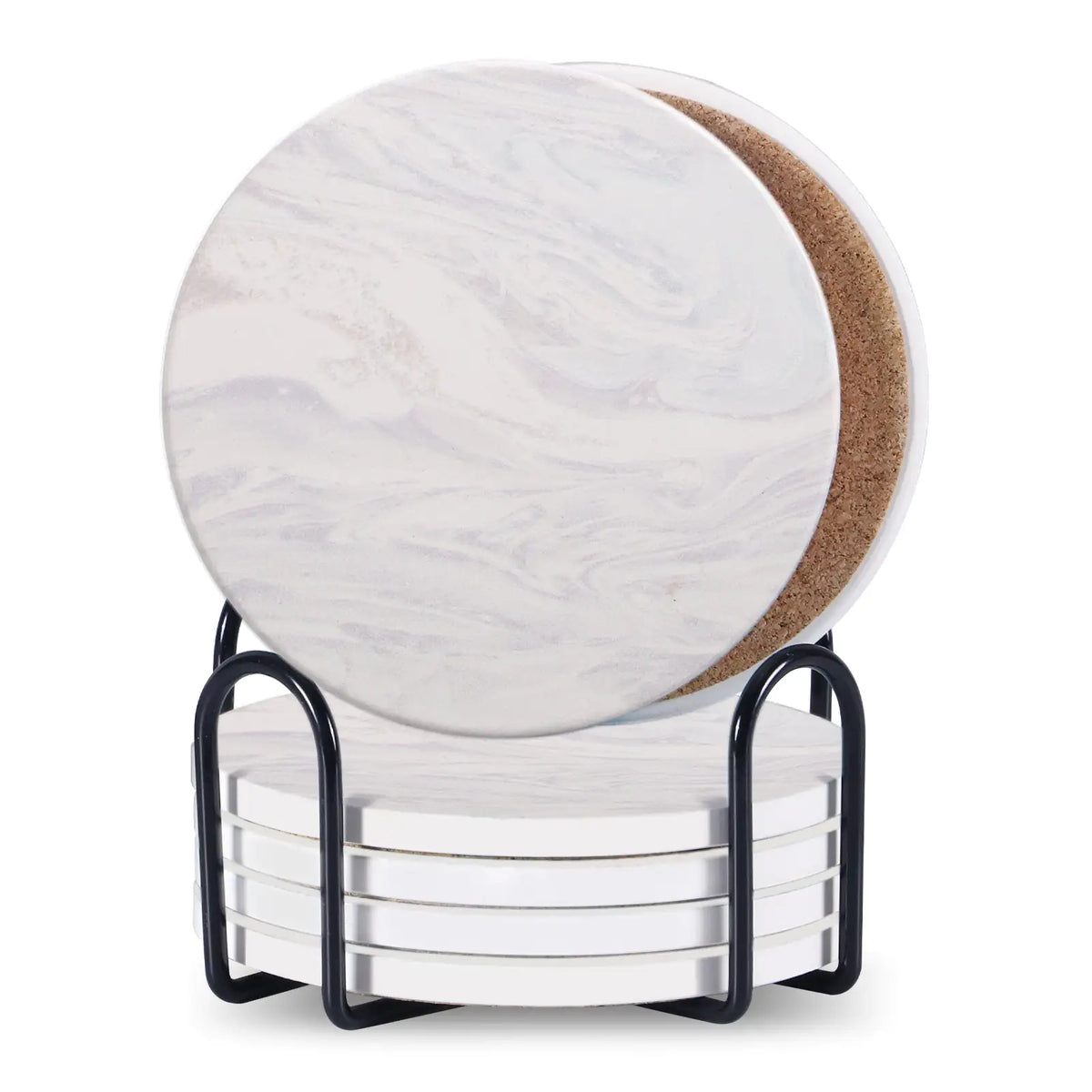 Set Of 6 Beverage Coasters With Stand Round 4in Ceramic Coaster With Metal Stand Absorbent Marble Stone Coaster With Cork Base