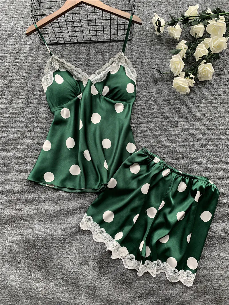 Lace Trim Polka Dot Cami Short Set, Lingerie Outfit