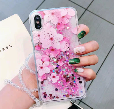 Trendy Summer Pink Peony Phone Case with Glitter Sand