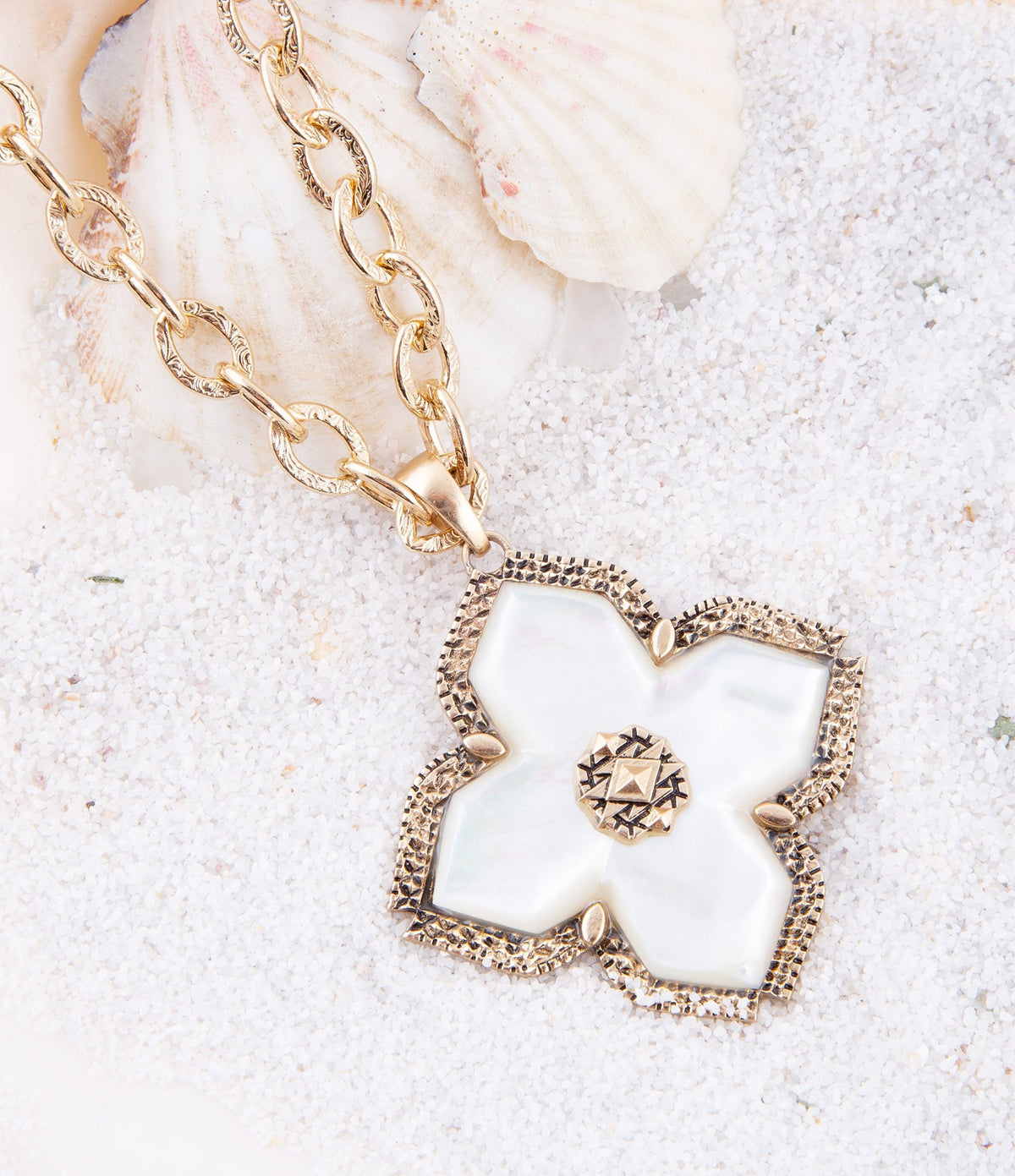 Maltese Cross White Mother of Pearl Golden Chain Pendant Necklace