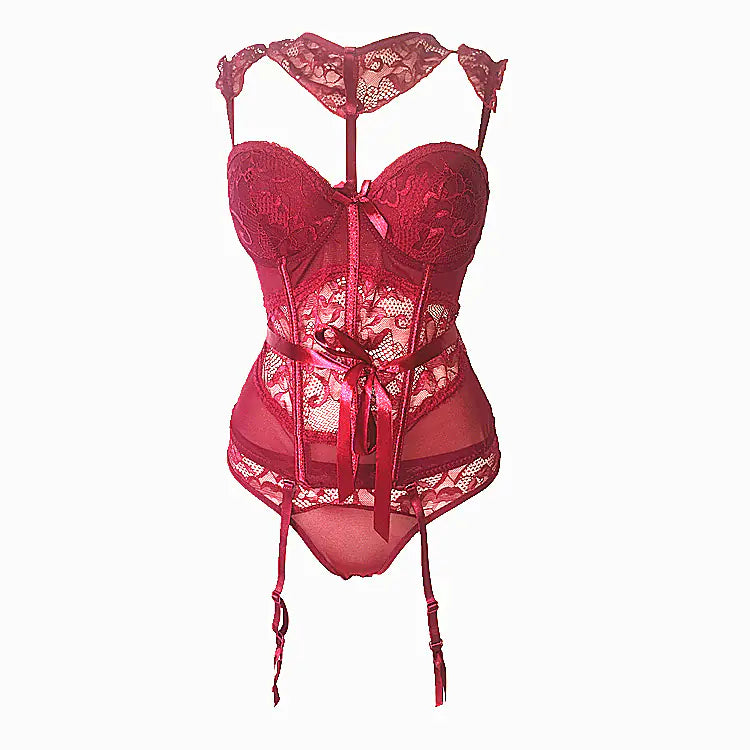Lace Corset Bodysuit with Bow and Underwire Bra Set - Lingerie