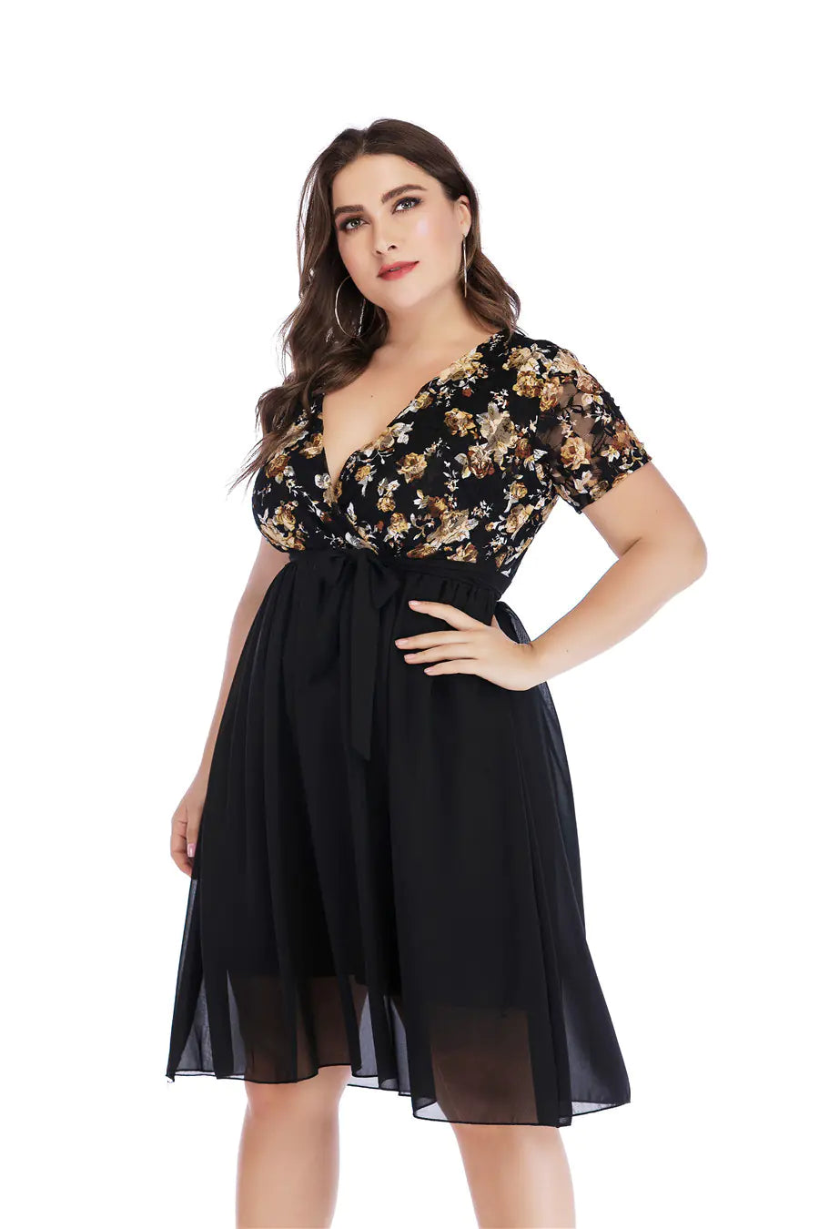 Plus Size V-Neck Chiffon Dress for Curvy Women - 888