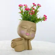 Double Flower Pots with Rustic Girl Figure Planter