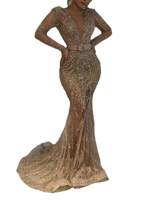 Sequined Long Sleeve Banquet Dress - 888
