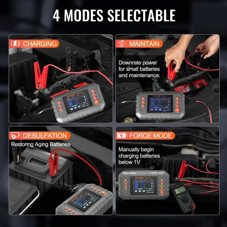 VEVOR Smart Battery Charger, 20-Amp, Lithium LiFePO4 Lead-Acid AGM Gel  SLA Car Battery Charger With LCD Display, Trickle Charger Maintainer Desulfator For Boat Motorcycle Lawn Mower Deep Cycle