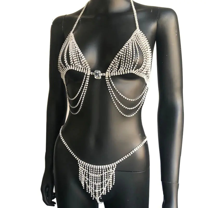 Bikini Set with Sparkling Rhinestone Body Chain - Lingerie
