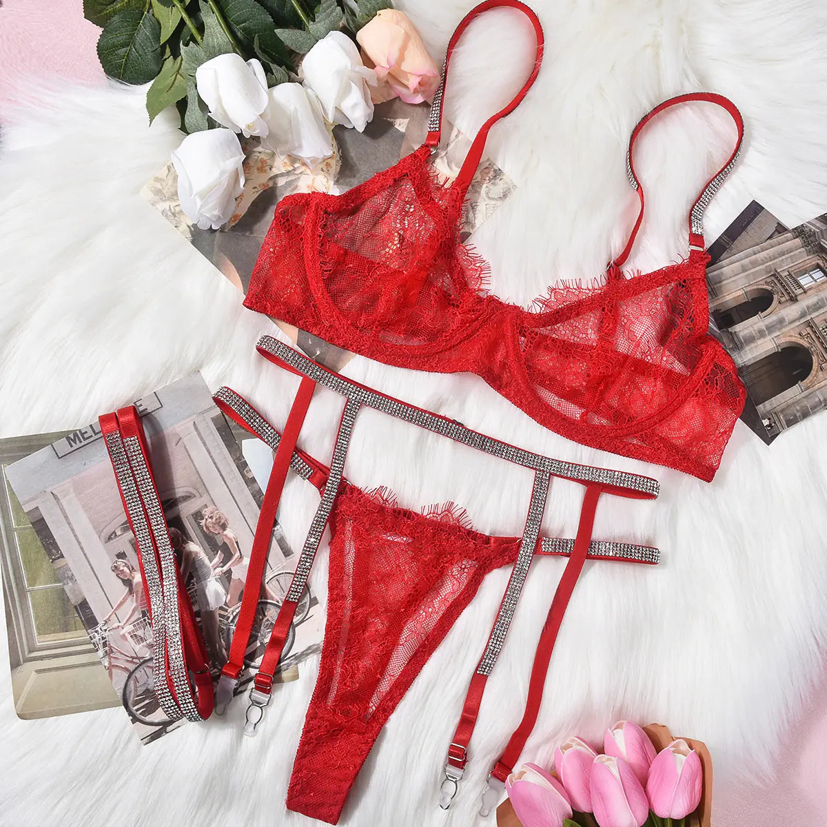 Lace Eyelash Trim Sexy Lingerie Set with Underwire - Lingerie