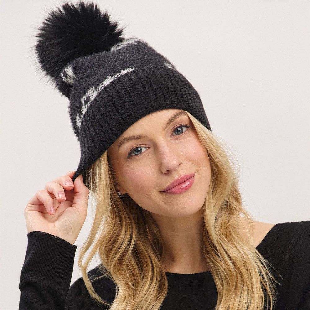 Paid Pattern Faux Fur Mixed Fleeced Pom Pom Winter Beanie Hat