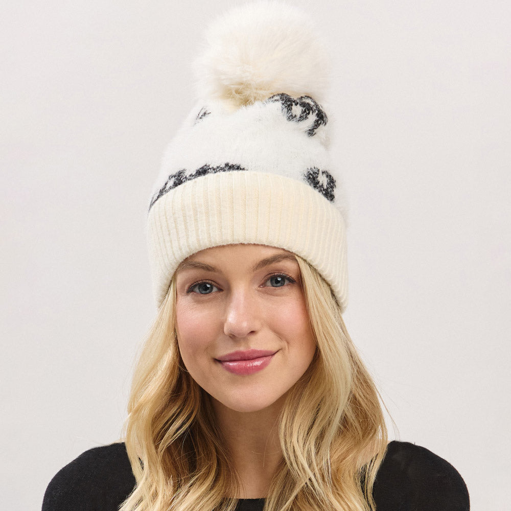 Paid Pattern Faux Fur Mixed Fleeced Pom Pom Winter Beanie Hat