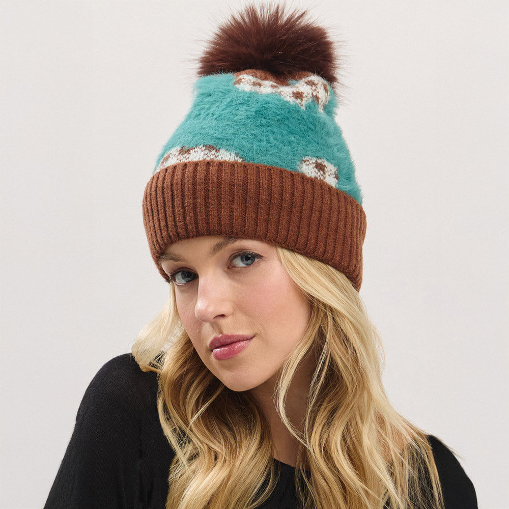 Paid Pattern Faux Fur Mixed Fleeced Pom Pom Winter Beanie Hat