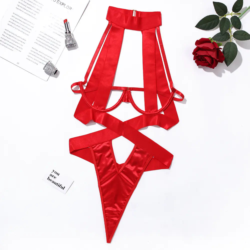 Cut-Out Backless Jumpsuit with Neck Tie - Women's Lingerie Set