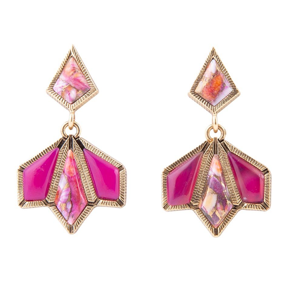 Pink Agate and Shell Matrix Golden Statement Earrings